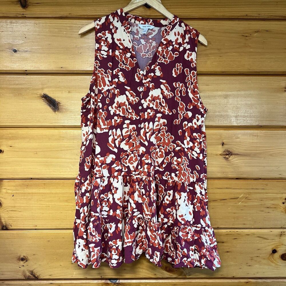 Nine West Orange Red Geometric V-Neck Tiered Sleeveless Dress Women's Size 2XL